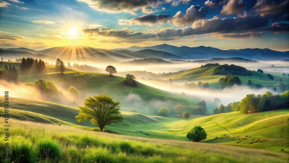 Fototapeta premium Serene Sunrise Over Rolling Green Hills and Misty Valleys, Bathed in Golden Light
