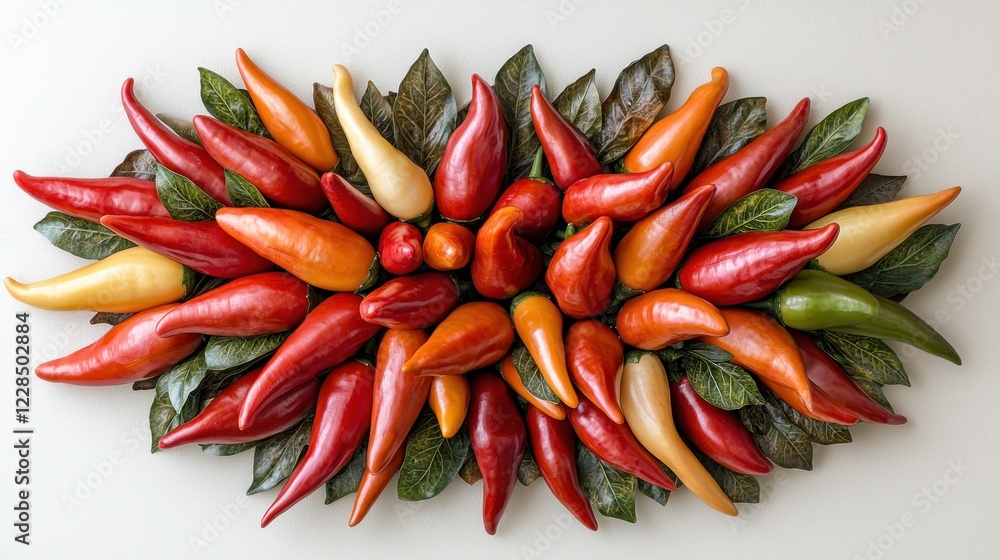Colorful chili peppers arranged on leaves, white background, table centerpiece Colorful chili peppers arranged on leaves, white background, table centerpiece