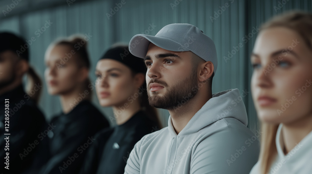 Obraz premium group of focused young adults in casual sportswear attentively listening during team meeting