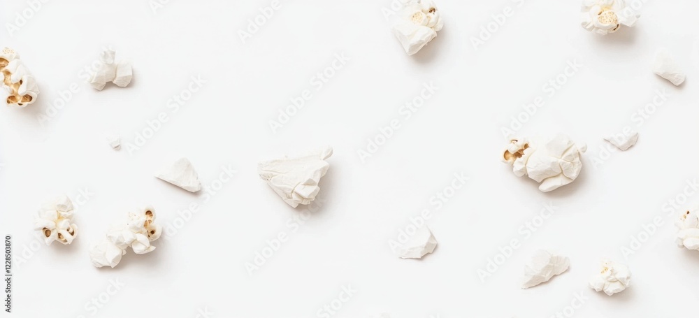 Scattered popcorn on white background, movie snack Scattered popcorn on white background, movie snack
