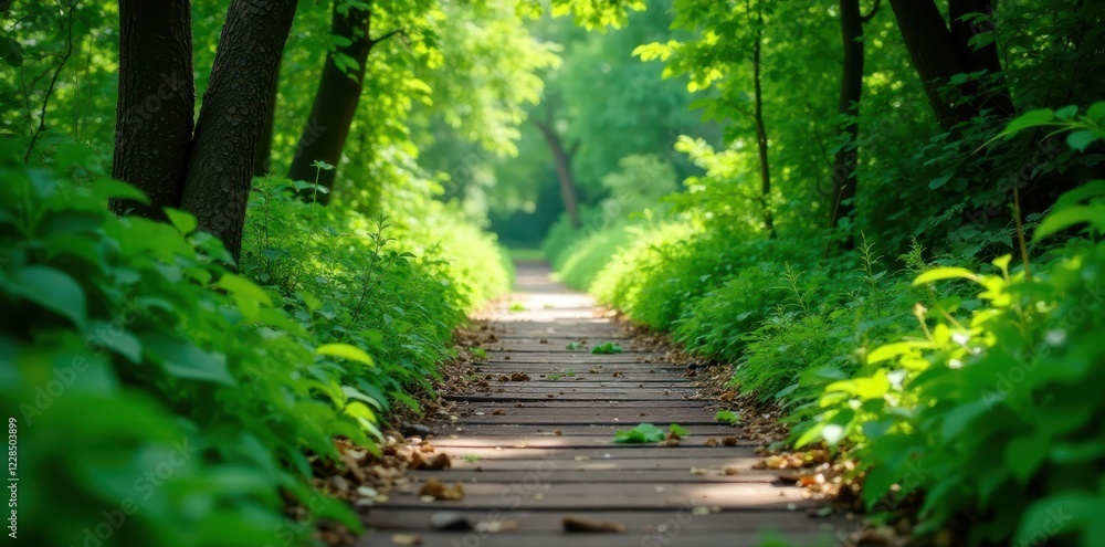 Fototapeta premium Dense greenery surrounds a weathered wooden pathway, mangrove forest, wooden path