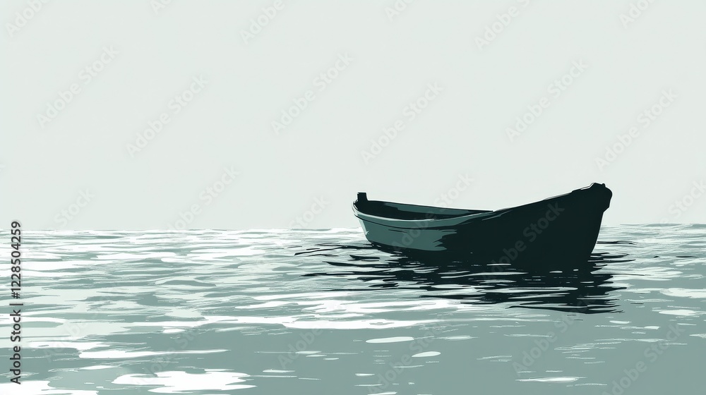 Fototapeta premium A solitary boat floating on calm waters under a pale sky, evoking tranquility and solitude