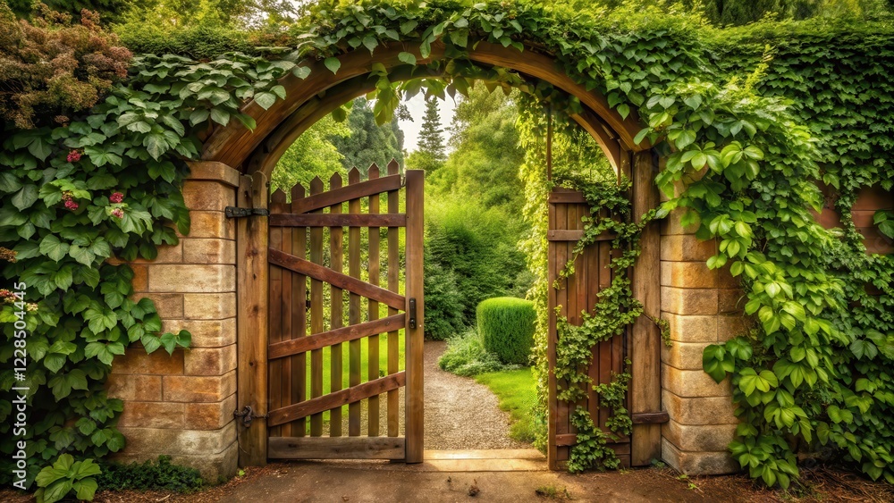 A romantic garden gate with a charming wooden structure and vines growing through the bars A romantic garden gate with a charming wooden structure and vines growing through the bars