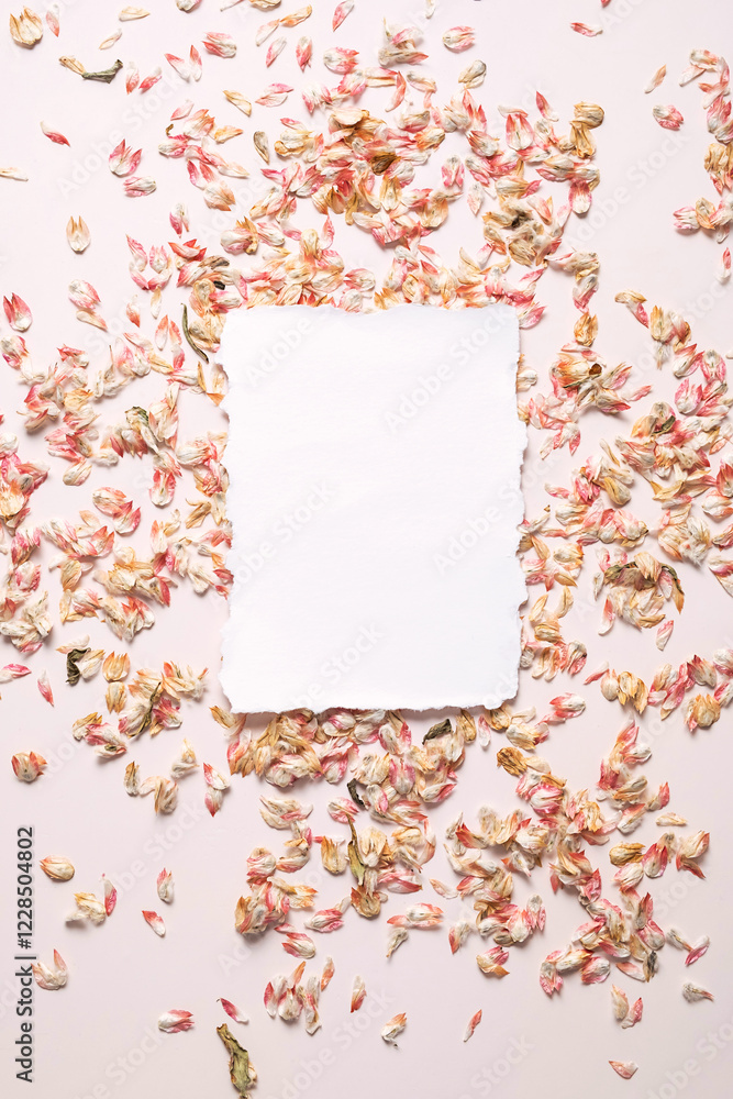 Obraz premium Empty card surrounded dried petals confetti.