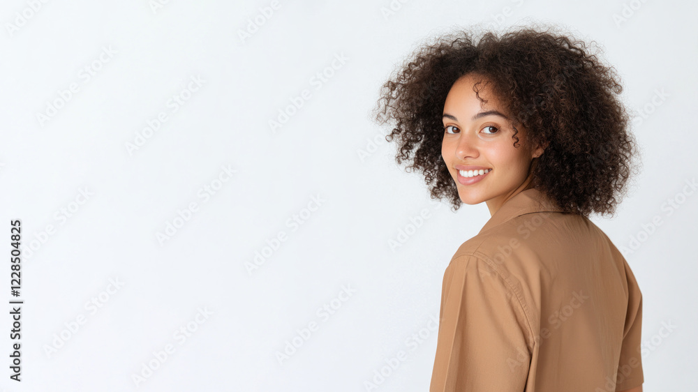 Afro young woman wearing brown clothes smiling isolated on white background Afro young woman wearing brown clothes smiling isolated on white background
