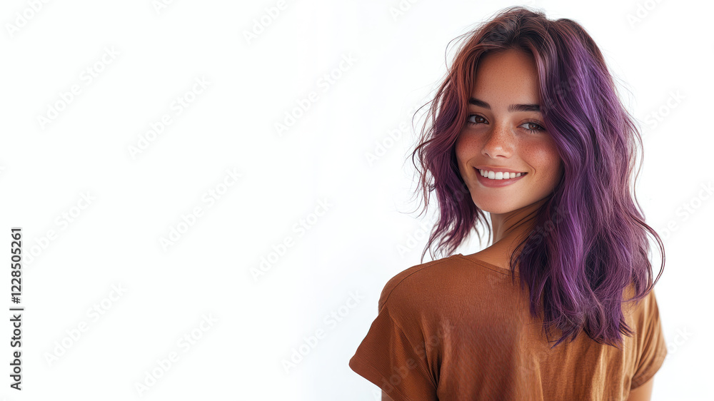 Purple hair young woman wearing brown clothes smiling isolated on white background Purple hair young woman wearing brown clothes smiling isolated on white background