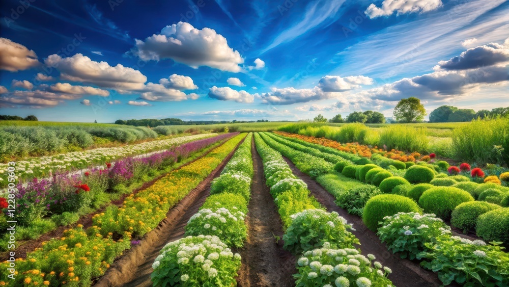 Naklejka premium rows of lush green herbs and flowers in a field with blue sky and white clouds