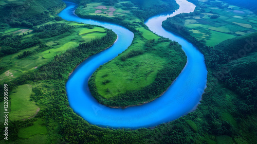 Majestic Royal Blue River Winding Through Lush Green Landscape in Bright Daylight. Generative AI
