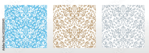 Wallpapers in the style of Baroque. Seamless vector backgrounds. Set of colored floral ornaments. Graphic patterns for fabric, wallpaper, packaging. Ornate Damask flower ornaments