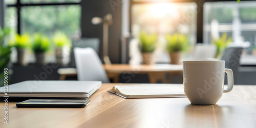 Wallpaper Mural Work desk with closed laptop, papers and coffee cup, blurred background Torontodigital.ca