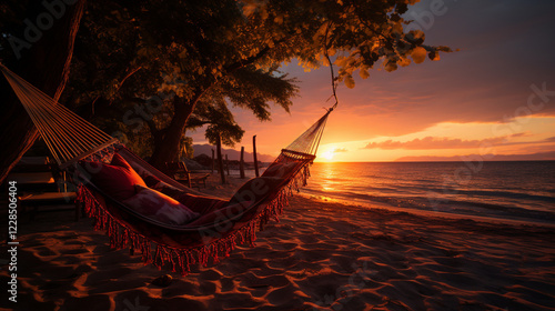 a hammock made of rattan on the beach during a splendid sunset, ,.Generative AI photo