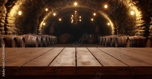 Wooden Table in a Rustic Wine Cellar