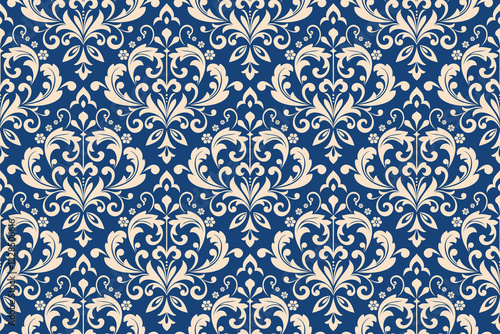 Wallpaper in the style of Baroque. Seamless vector background. Golden and dark blue floral ornament. Graphic pattern for fabric, wallpaper, packaging. Ornate Damask flower ornament