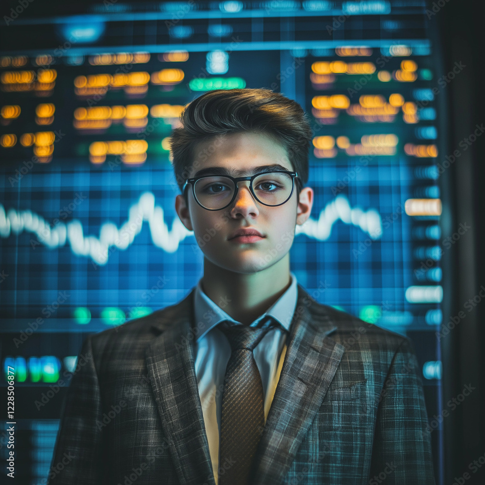 Fototapeta premium Economic analyst monitoring stock trends financial district portrait photography modern workspace close-up future of finance