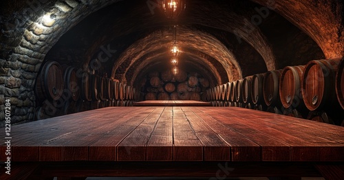 Wooden Table in Ancient Wine Cellar