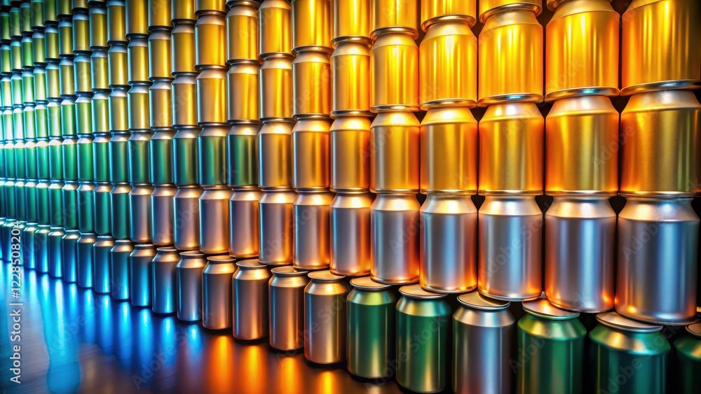 A vibrant display of metallic beverage cans arranged in a gradient pattern, showcasing a spectrum of colors and textures, reflecting light in a captivating manner