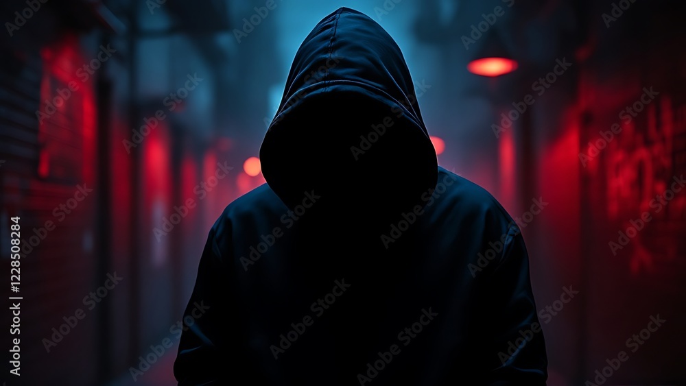 Hacker or scammer character in the dark with their face obscured by the hood, standing under dim red lighting Hacker or scammer character in the dark with their face obscured by the hood, standing under dim red lighting