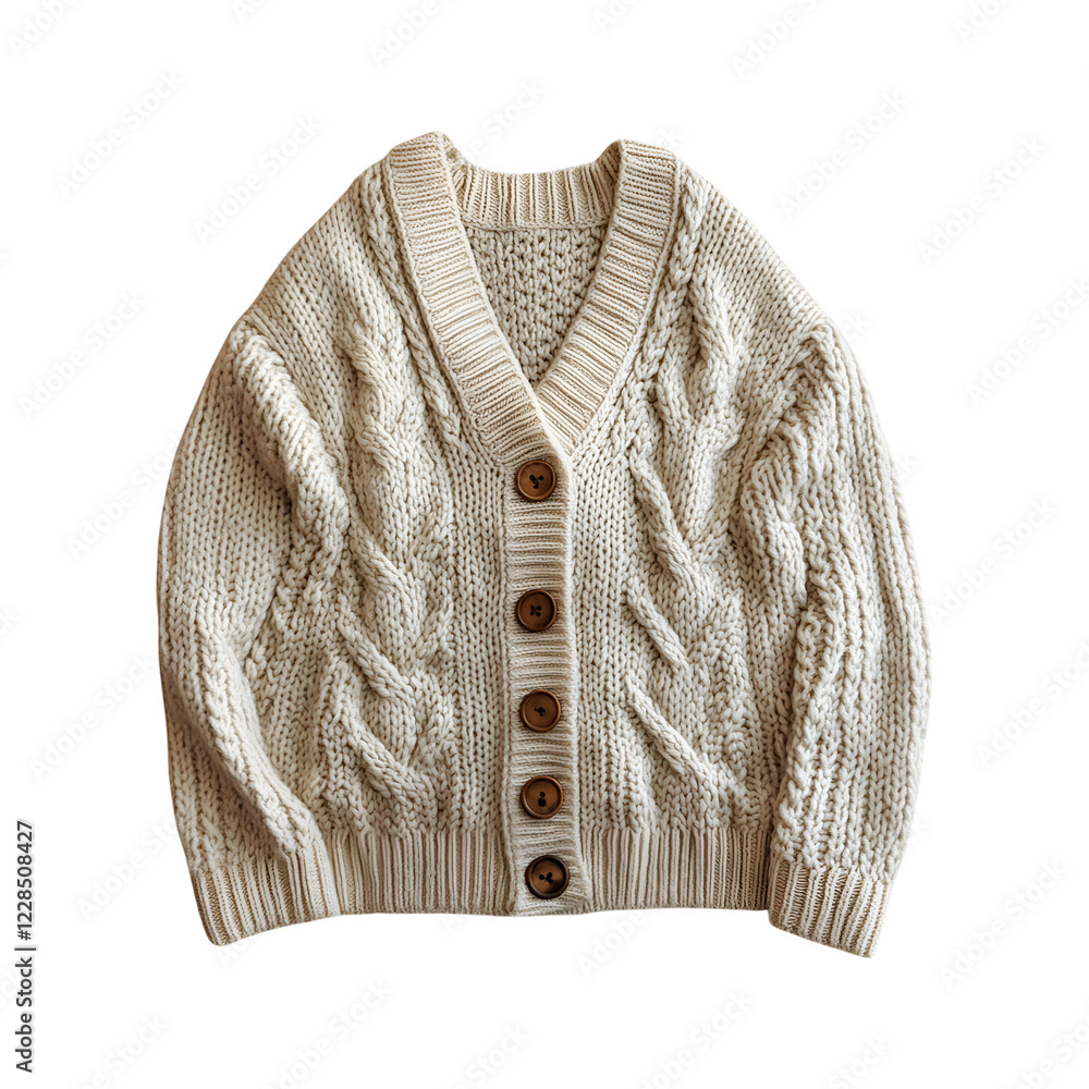 Cream Woolen Cardigan with Oversized Buttons Isolated on Transparent Background Cream Woolen Cardigan with Oversized Buttons Isolated on Transparent Background