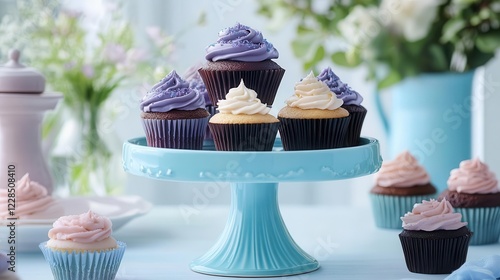 artisanal cupcake display featuring lavenderhoney dark chocolate ganache and rosepistachio flavors arranged on vintage blue ceramic stand photo