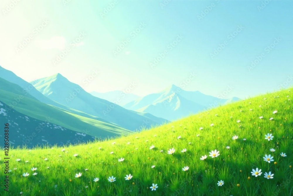 Fototapeta premium Serene Meadow Landscape Featuring Rolling Hills and Daisies under a Clear Sky