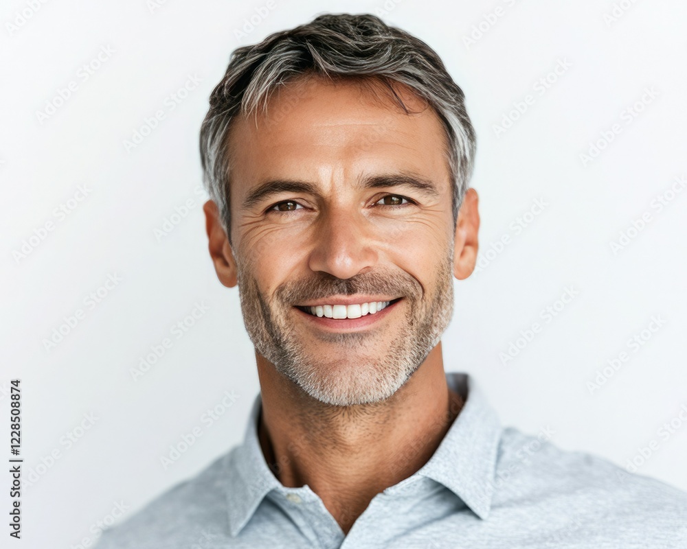 Obraz premium A smiling middle-aged man with gray hair, wearing a light-colored shirt, radiating confidence and approachability against a plain background.