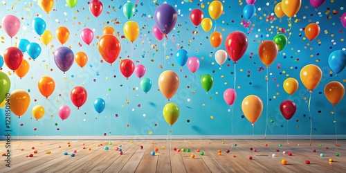 A room filled with colorful balloons and confetti, celebrating a joyous occasion