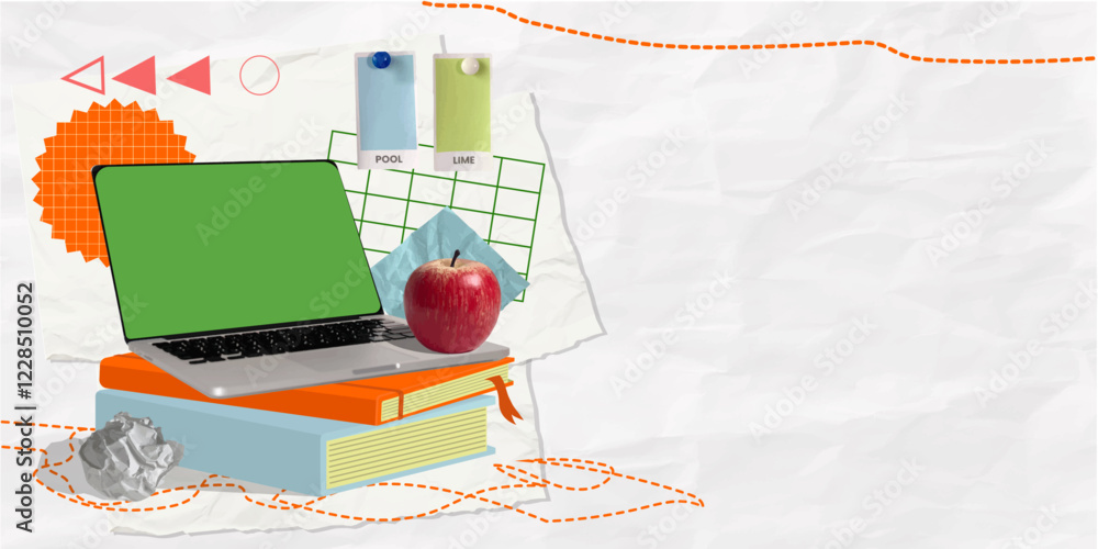 Fototapeta premium Colorful collage of a laptop on books with an apple, perfect for educational themes, vector illustration