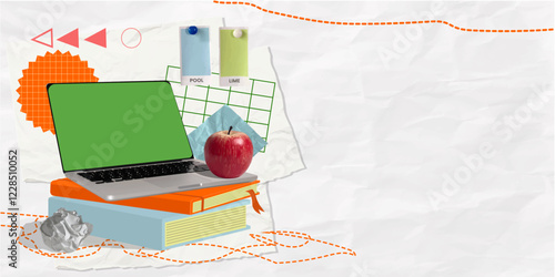 Colorful collage of a laptop on books with an apple, perfect for educational themes, vector illustration