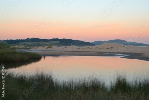 ethereal coastal sunset towering sand dunes casting long shadows pinkorange sky reflecting in tidal pools