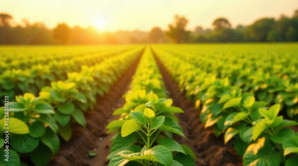 Golden Hour Illumination of a Lush Agricultural Field Rows of Vibrant Green Plants Basking in the Warm Sunset Glow Golden Hour Illumination of a Lush Agricultural Field Rows of Vibrant Green Plants Basking in the Warm Sunset Glow