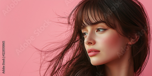 Graceful profile portrait of a young woman against a pink background fashion photography natural light close-up perspective beauty concept