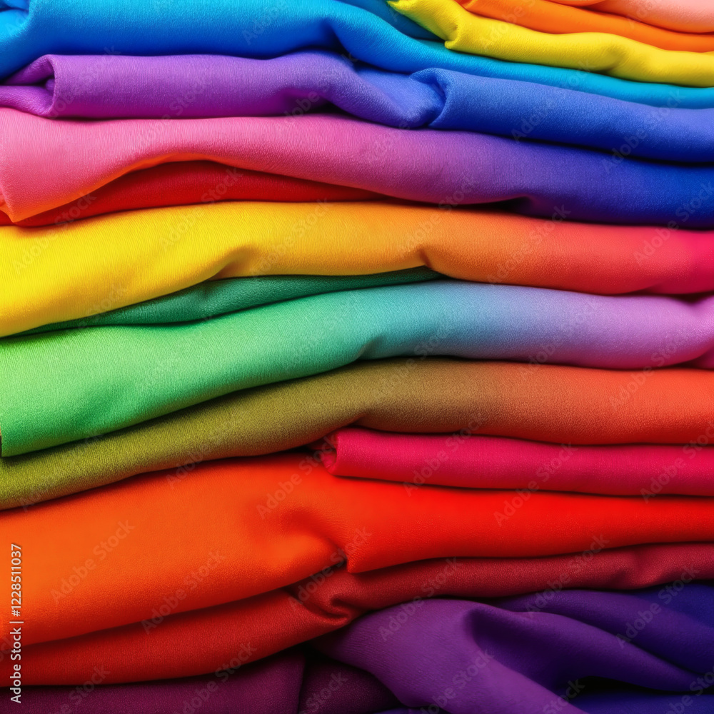 Closeup of a colorful pile of folded t-shirts showcasing vibrant rainbow hues. Perfect for fashion, textile, and design concepts. Closeup of a colorful pile of folded t-shirts showcasing vibrant rainbow hues. Perfect for fashion, textile, and design concepts.