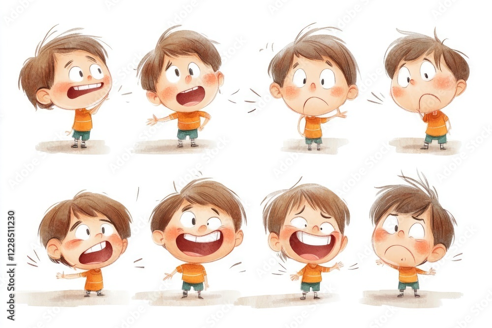 expressive cartoon child character showing range of playful emotions watercolor style