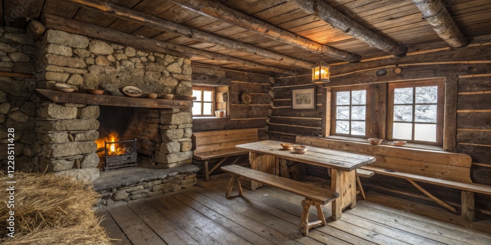 Cozy rustic interior of a mountain cabin with a stone fireplace and wooden furniture Cozy rustic interior of a mountain cabin with a stone fireplace and wooden furniture