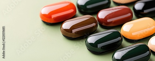 A close-up view of colorful capsules displayed on a muted surface, highlighting their glossy texture and unique shapes.