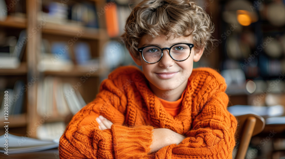 Portrait of Smiling Schoolboy with Glasses. Child in Orange Sweater in Library Background. Portrait of Smiling Schoolboy with Glasses. Child in Orange Sweater in Library Background.