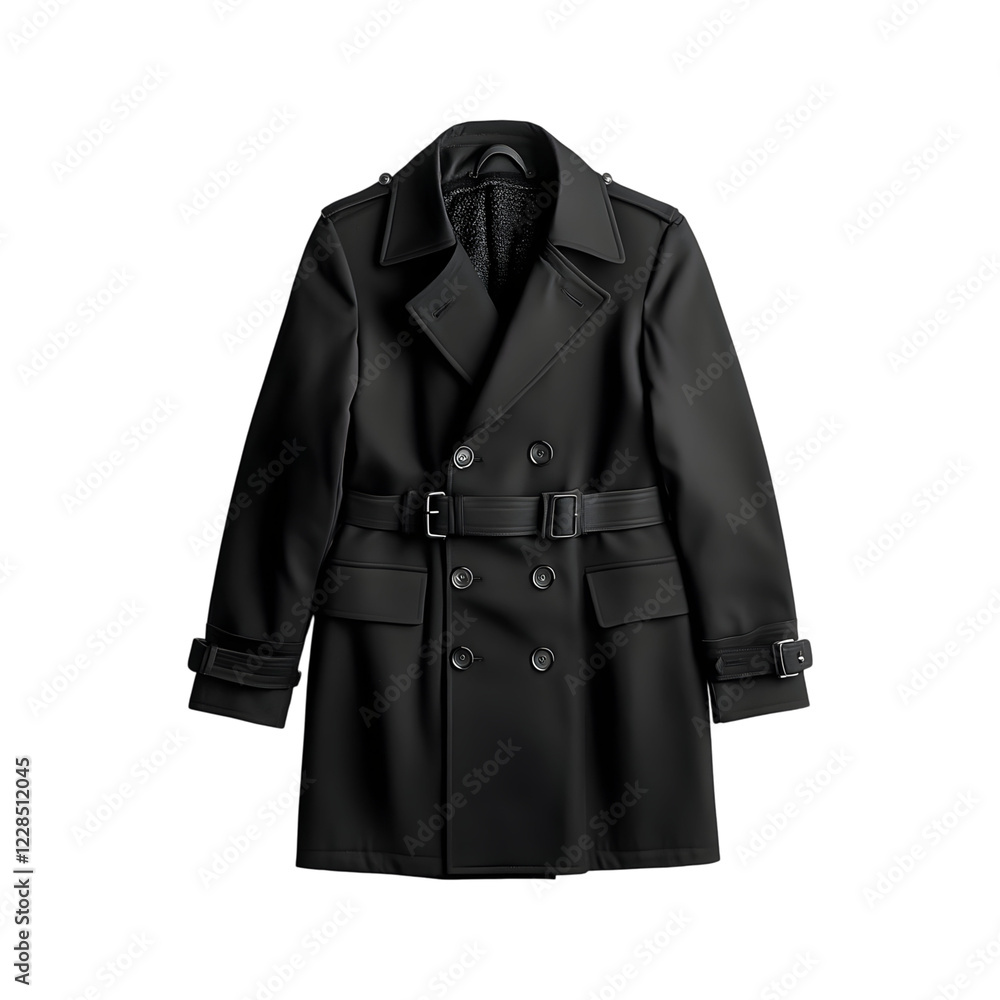 Classic Black Trench Coat with Wool Lining and Belt Isolated on Transparent Background Classic Black Trench Coat with Wool Lining and Belt Isolated on Transparent Background