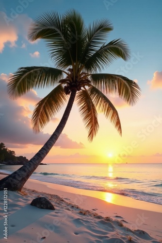 Isolated palm tree on white sandy beach at sunset, serene, ocean