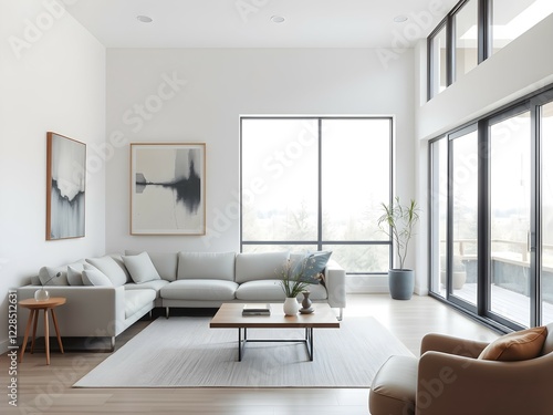 Wallpaper Mural Modern Minimalist Living Room with Light Gray Sofa, Wooden Coffee Table, Large Windows, and Neutral Tones Torontodigital.ca