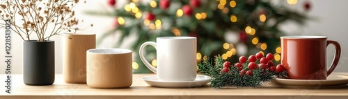 Wallpaper Mural A festive scene featuring four coffee cups and decorative elements on a table, set against a background of a beautifully lit Christmas tree. Torontodigital.ca