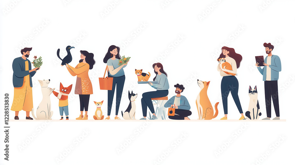 Group of diverse people interacting with various pets in cheerful setting, showcasing love for animals and nature Group of diverse people interacting with various pets in cheerful setting, showcasing love for animals and nature