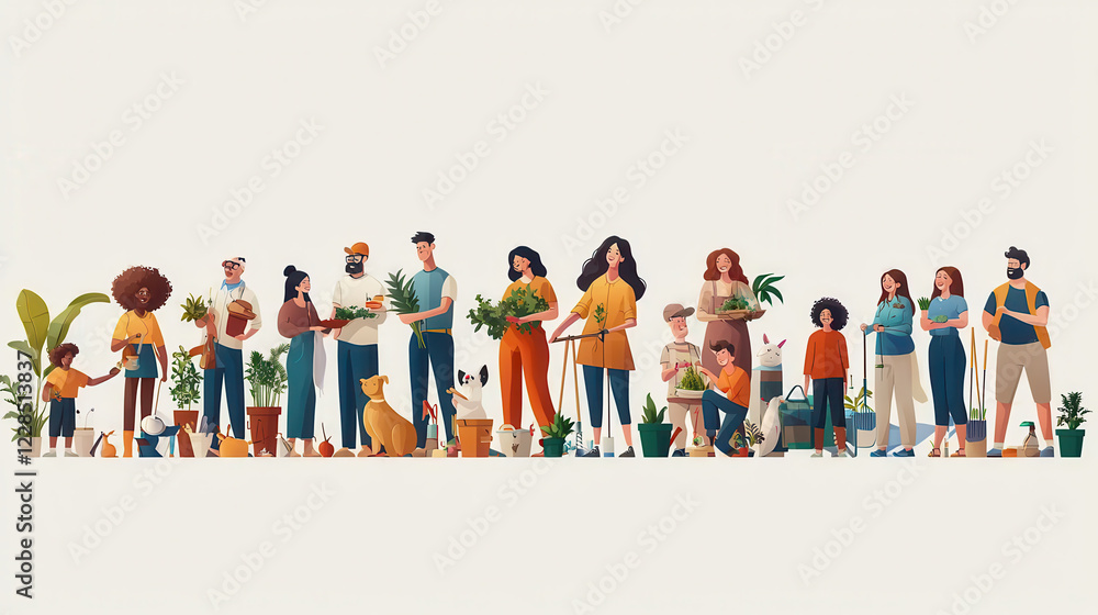 Diverse family gardening together, showcasing plants and pets in joyful atmosphere Diverse family gardening together, showcasing plants and pets in joyful atmosphere
