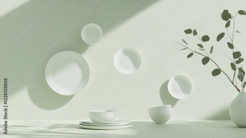 Minimalist white tableware on pale green wall, sunlight, eucalyptus Minimalist white tableware on pale green wall, sunlight, eucalyptus
