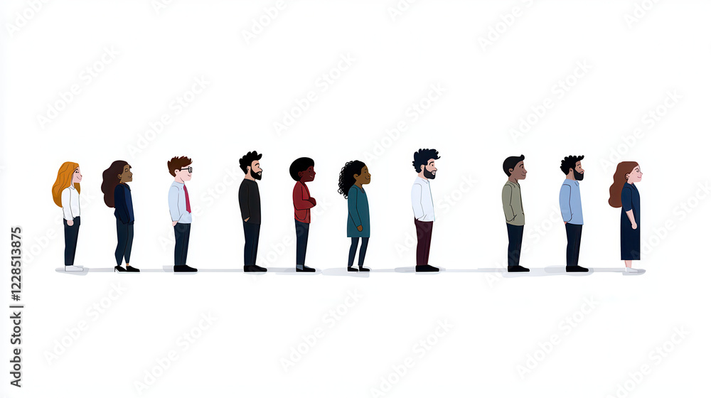 Diverse group of people standing in line, showcasing various styles and expressions Diverse group of people standing in line, showcasing various styles and expressions