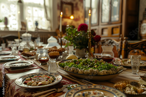 passover celebration, elaborate passover adornments, the aroma of matzo ball soup, and the nostalgic tradition of storytelling creates a heartfelt atmosphere photo