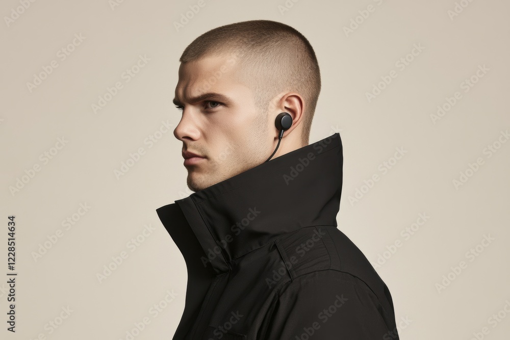 Fototapeta premium Side profile portrait of a security guard in black jacket