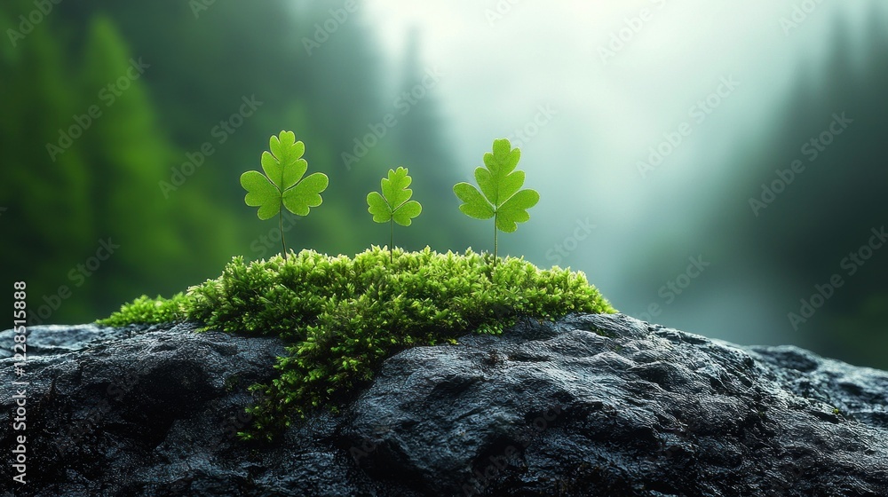 Serene Nature: Tiny Plants Emerging from Mossy Rock Serene Nature: Tiny Plants Emerging from Mossy Rock