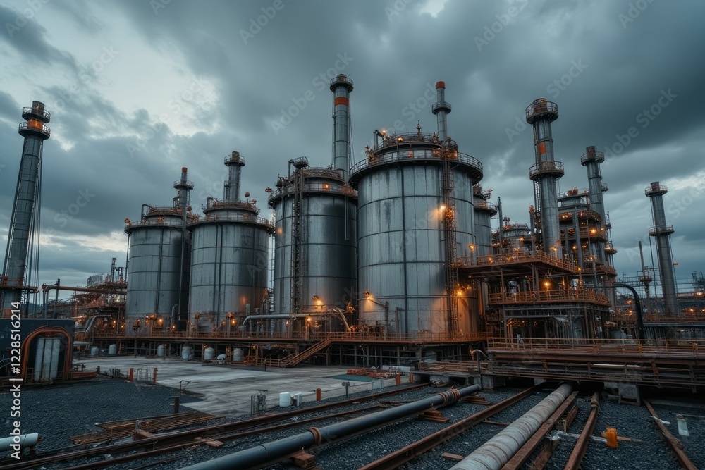Obraz premium Industrial Refinery Complex Under a Cloudy Sky