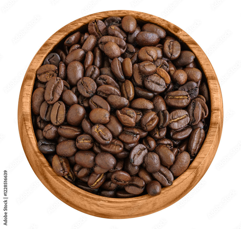 Top view of roasted coffee beans in a wooden bowl, isolated on a transparent background, ideal for coffee-related designs and branding projects. Top view of roasted coffee beans in a wooden bowl, isolated on a transparent background, ideal for coffee-related designs and branding projects.