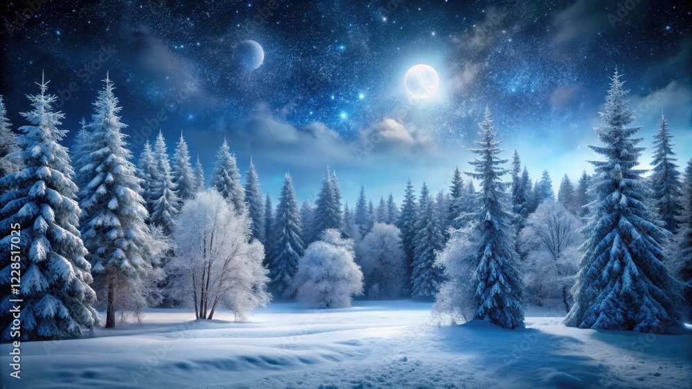 Fototapeta premium Frosty Forest Scene at Night, forest, winter landscape, forest, winter landscape